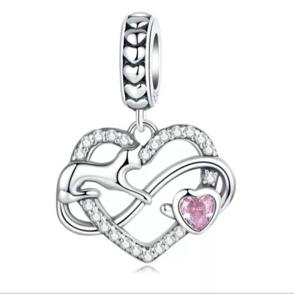 925 Sterling Silver Kitty Cat Infinite Love Dangle Charm - Picture 1 of 6